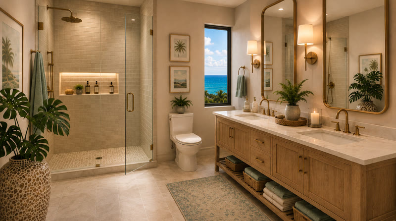 A bathroom finished in porcelain tile with black fixtures