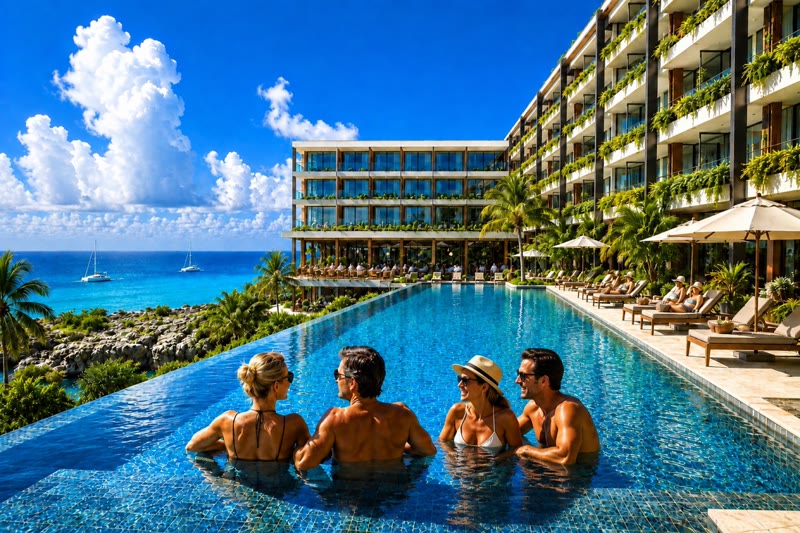 Dos residentes en la piscina sobre el Caribe