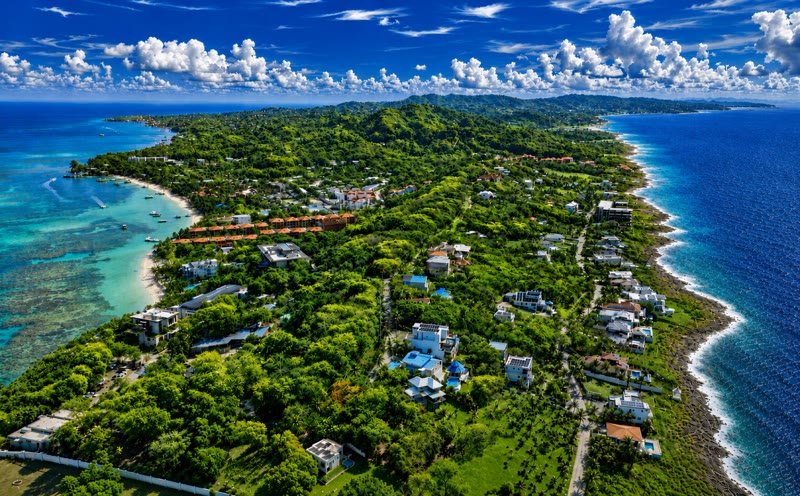 La costa verde y el agua cristalina del Caribe en Roatán