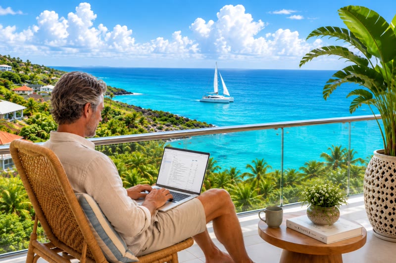 Arbeiten von einer Terrasse über dem Meer