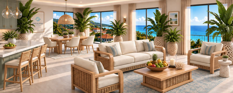 An illustrative ONE ROATÁN interior opening onto the sea