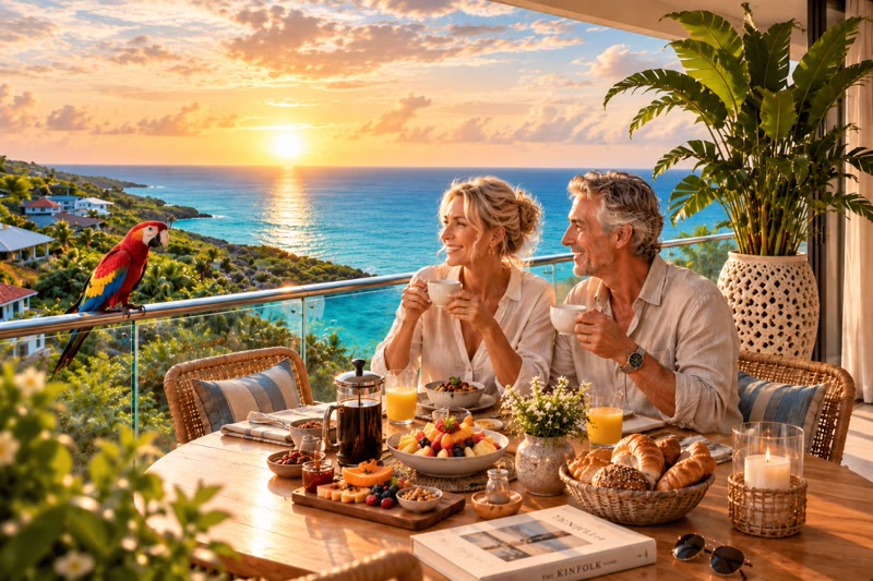 Una terraza a la sombra con vistas al Caribe al final del día